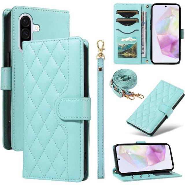 (Green) Flip Case for Samsung Galaxy A36 5g Detachable Wrist Strap and Long Lanyard Wallet Card Slots Lattice Flip Folio Phone Case with Stand