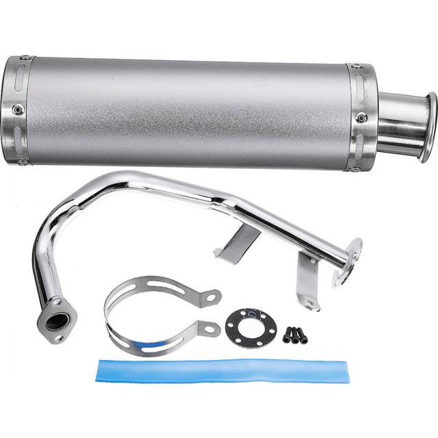 (Silver) Motorcycle Cafe Racer Exhaust Muffler Pipe with Sliding Bracket Universal