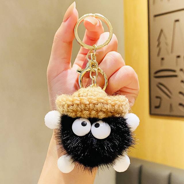 (Black) Adorable Fluffy Yarn Hat Keychain Cute Cartoon Plush Couple Bag Charm Gift