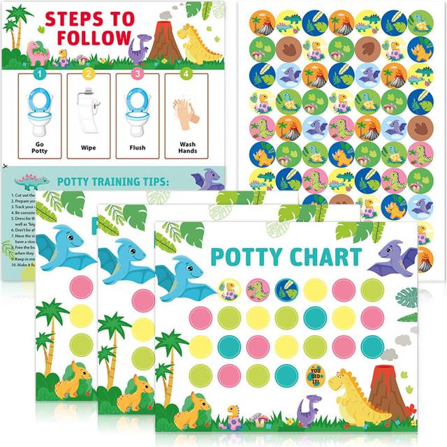 Potty Training Reward Chart, Dinosaur Toilet Training Chart, 3 PCS Reward Charts for Children Behavior with 70 PCS Stickers for Boys/Girls Birthday