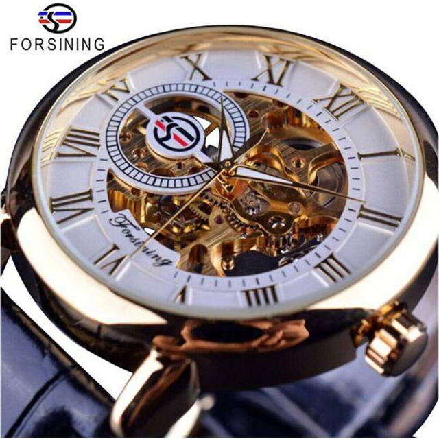(white,golden) Forsining 3D Logo Design Hollow Engraving Black Gold Case Leather Skeleton Mechanical Watches Men Luxury Brand Heren Horloge
