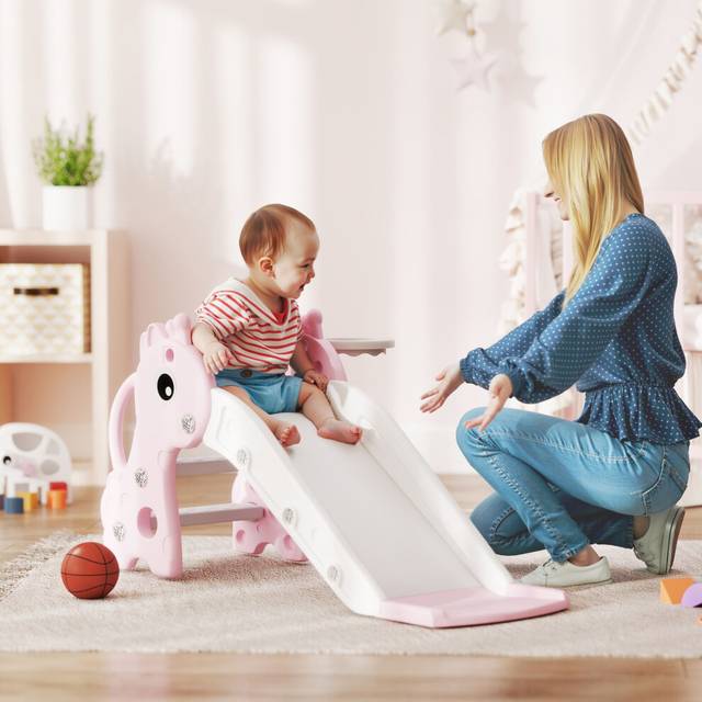 AIYAPLAY 3 in 1 Kids Slide with Climber, Basketball Hoop and Ball, Pink, Pink