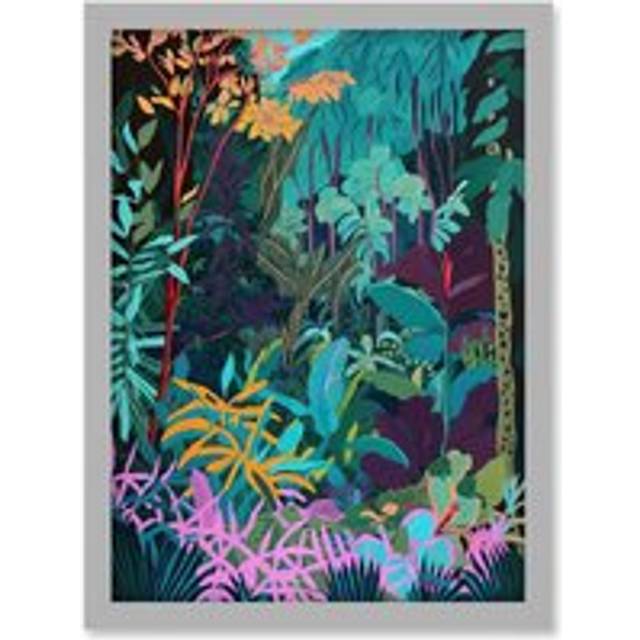 Tropical Jungle Forest Vibrant Colour Illustration Artwork Framed Wall Art Print A4 - Grey - One Size