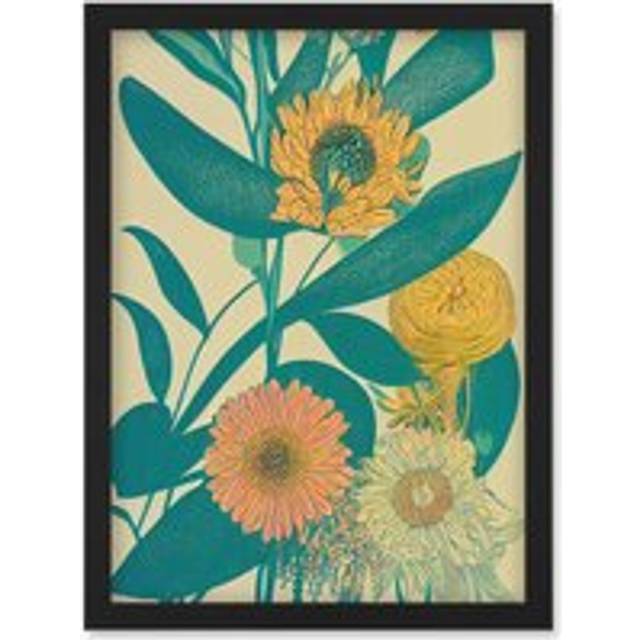 Marigold Daisy Flowers Turquoise Leaves Bright Colourful Abstract Artwork Framed Wall Art Print A4 - Black - One Size
