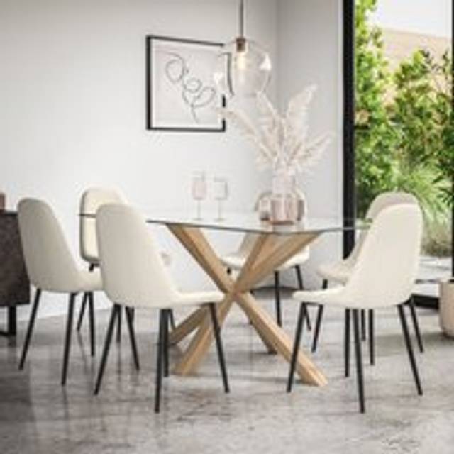 Etta Glass Dining Table Set w Oak Legs w 4-6 Maya Boucle Chairs