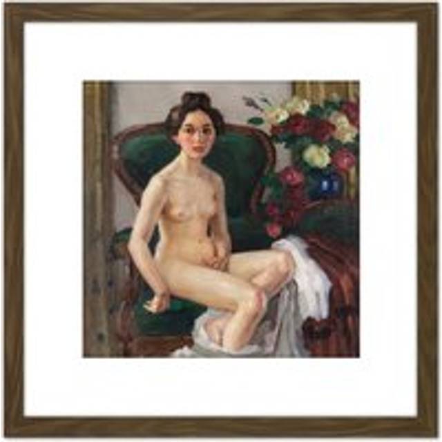 Putz Nude Female On The Sofa Expressionist Painting 8X8 Inch Square Wooden Framed Wall Art Print Picture with Mount - Brown - One Size