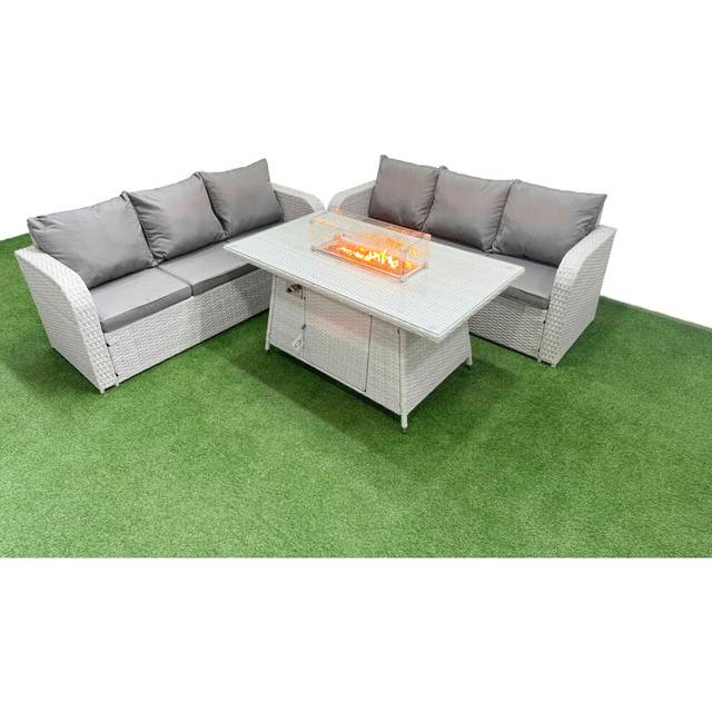 Fimous Outdoor Garden Furniture Sets 6 Seater Wicker Rattan Furniture Sofa Sets with Firepit Dining Table high Back Lounge Sofa Light Grey