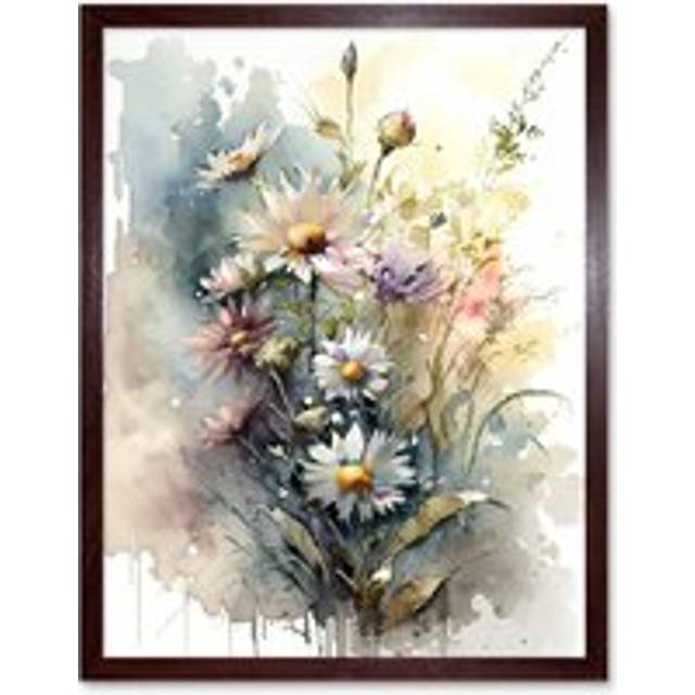 Wall Art Print Wild Flower Daisies in Bloom Modern Boho Watercolour Painting Art Framed - Brown - W12 inch x H16 inch