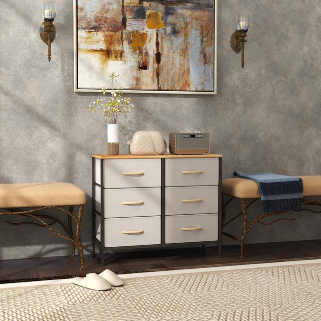HOMCOM 6 Drawer Fabric Chest of Drawers w/ Wooden Top for Hallway Cream, Cream