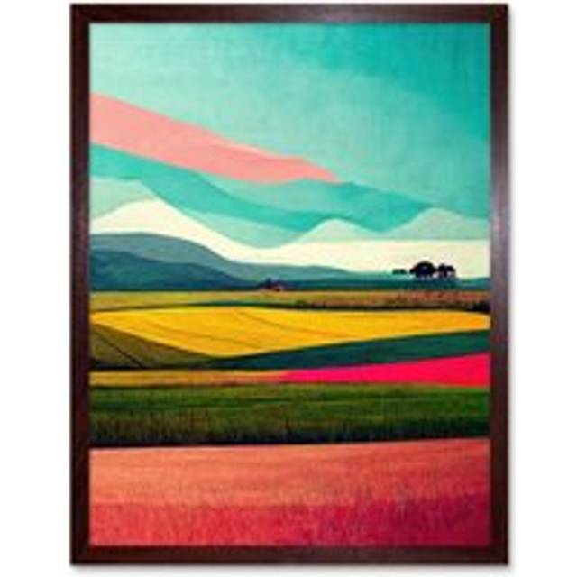 Wall Art Print Colourful Abstract Modern Country Landscape Multicoloured Art Framed - Brown - W12 inch x H16 inch