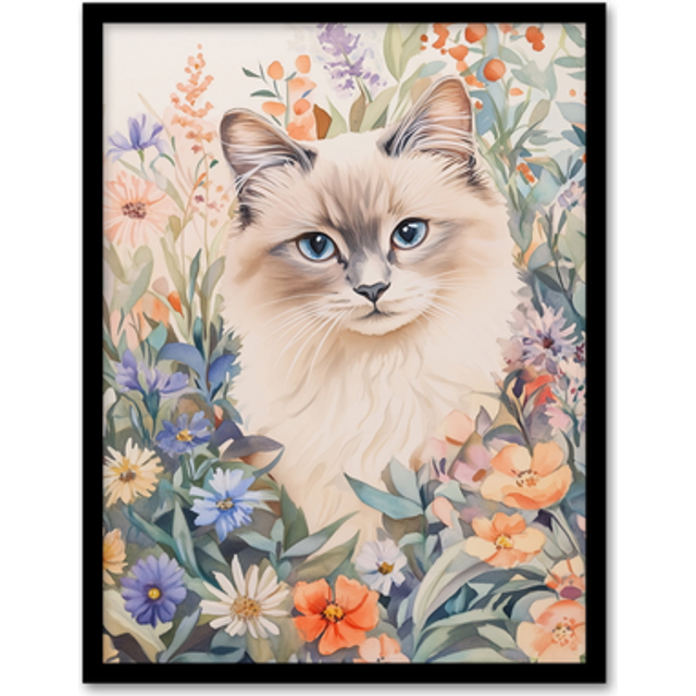 Ragdoll Cat Lover Floral Pet Portrait Watercolour Framed Art Print - Multi - W12 inch x H16 inch