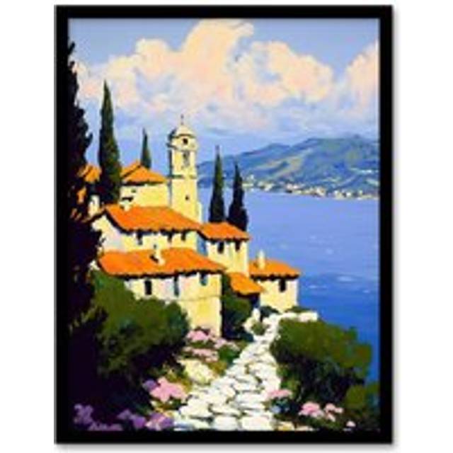 Christian Church Coastal Cliff Italy Landscape Framed Art Print - Blue - W12 inch x H16 inch