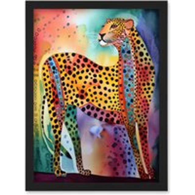Colourful Cheetah Folk Art Watercolour Painting Artwork Framed Wall Art Print A4 - Black - One Size