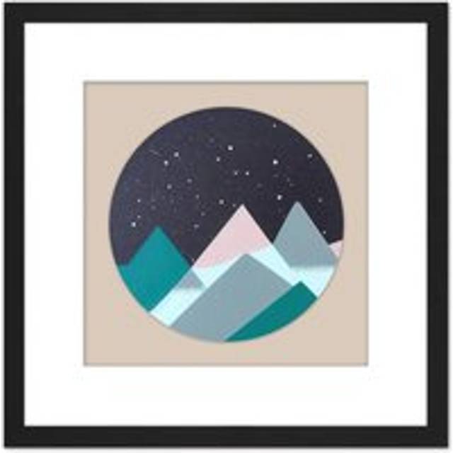 Mountain Landscape At Night Stars Abstract Circle Painting Square Wooden Framed Wall Art Print Picture 8X8 Inch - Black - One Size