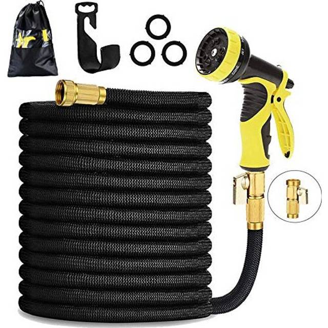 HmiL-U Garden Hose 150ft 45m Strongest Double Latex Inner Tube Prevent Leaking Magic Hosepipe with 9 Function Spray Gun+Solid Brass Fittings (Ret