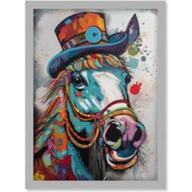 Horse Hippie in Multicoloured Bridles and Top Hat Artwork Framed Wall Art Print A4 - Grey - One Size