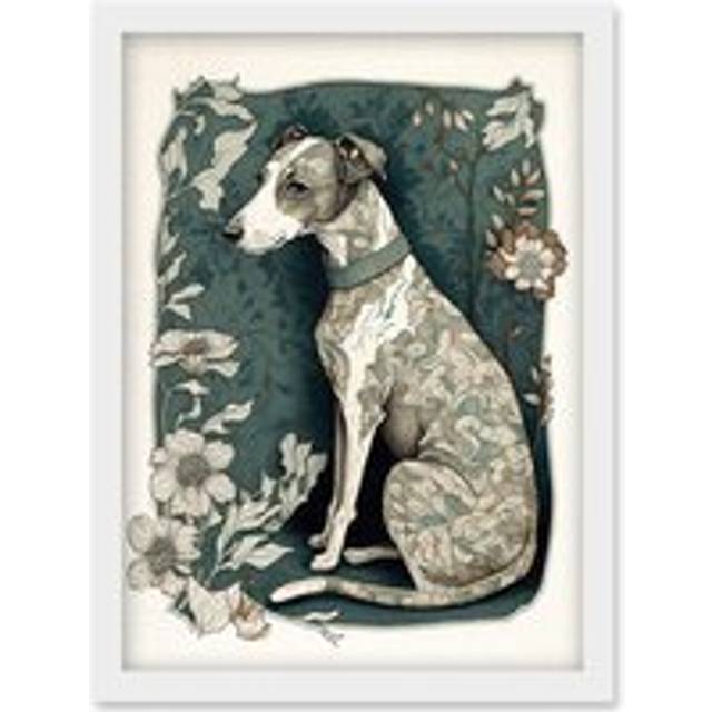 Whippet Dog with Floral Pattern Fur Coat Art Nouveau Inspired Watercolour Illustration Artwork Framed Wall Art Print A4 - White - One Size