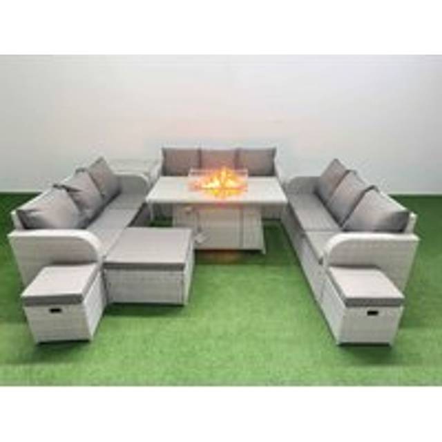 3 3-Seater Sofa With Firepit Dining Table, Side Table & 3 Stools | Wowcher - Grey