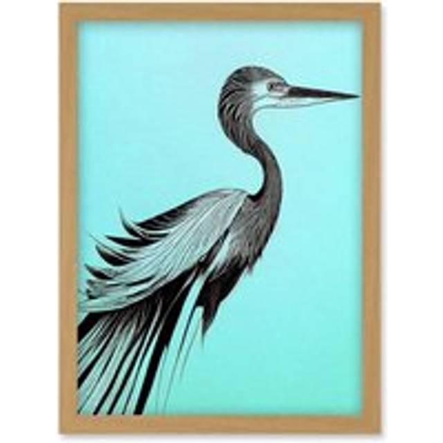 Heron Illustration Pen Ink Black on Baby Blue Artwork Framed Wall Art Print A4 - Tan - One Size