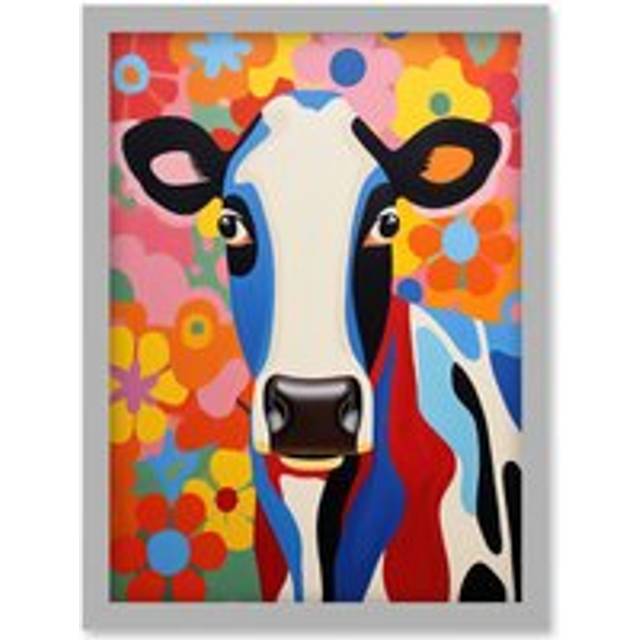 Wall Art Print Colourful Cow Bright Bold Floral Portrait Acrylic Painting Vibrant Folk Art Flower Artwork Friesian Kids Bedroom Artwork Framed A4 - Gr - Grey