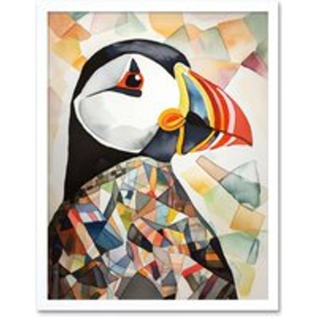 Wall Art Print Puffin Bird Abstract Portrait Folk Art Framed - White - W12 inch x H16 inch