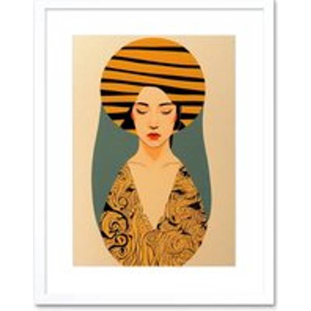 Wall Art Print Retro Woman Mid Century Bohemian Yellow Art Nouveau Artwork Framed 9X7 Inch - White - W7 inch x H9 inch