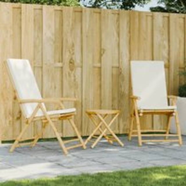 3 Piece Folding Bistro set with Cream White Cushions Bamboo - Brown - One Size