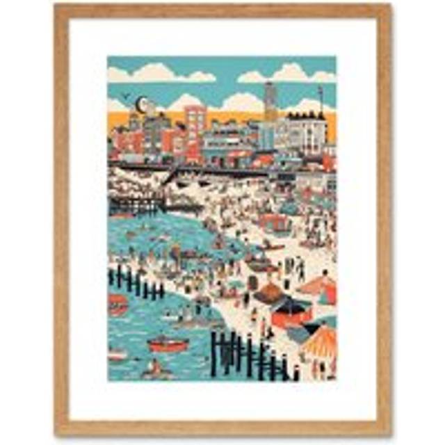 Wall Art Print Brighton Beach Warm Summer Day Colourful Scene Artwork Framed 9X7 Inch - Beige - W7 inch x H9 inch