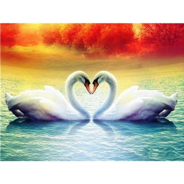 (Gold, 20X30CM) DIY 5D Diamond Painting Swan Animal Mosaic Full Round Diamond Embroidery Landscape Lake Rhinestone