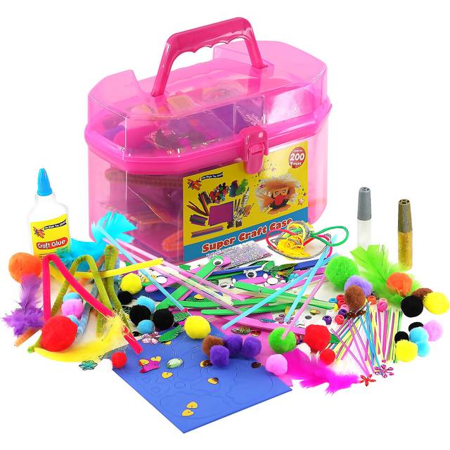 (Pink) The Magic Toy Shop Kids Giant Mega Super Craft Art Carry Case Kids Pom Poms Beads Sequins Foam Glue