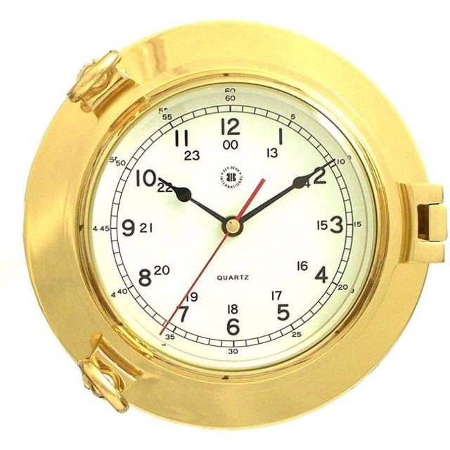 Bey-Berk International SQ513 Lacquered Brass Porthole Quartz Clock with Beveled Glass, Gold - 9 x 2.5 in.