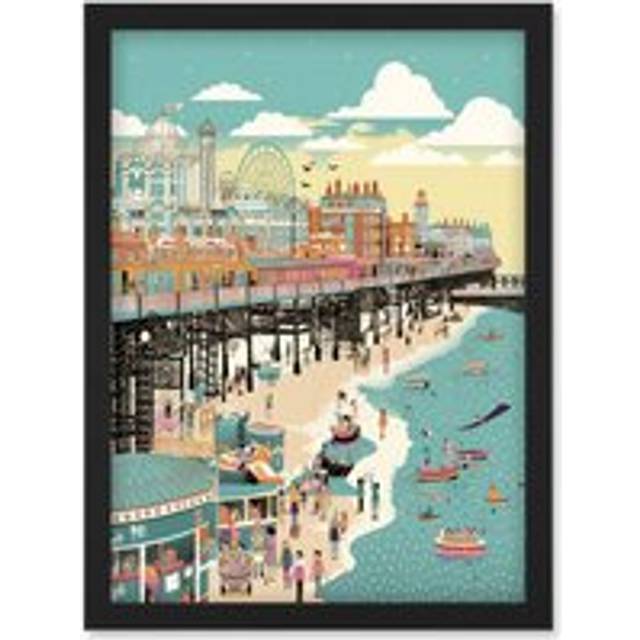 Brighton Beach Pier and Sandy Summer Scene Artwork Framed Wall Art Print A4 - Black - One Size