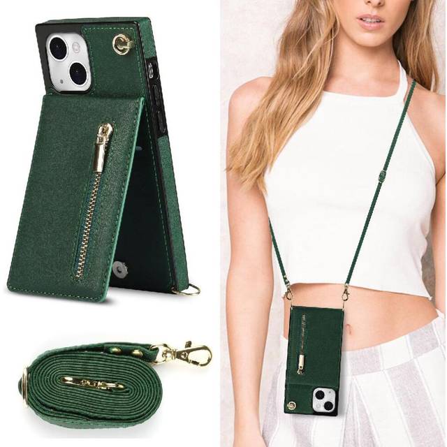 (Green) Case for iphone 14 Plus Long Strap Zipper Holder Shockproof Wallet