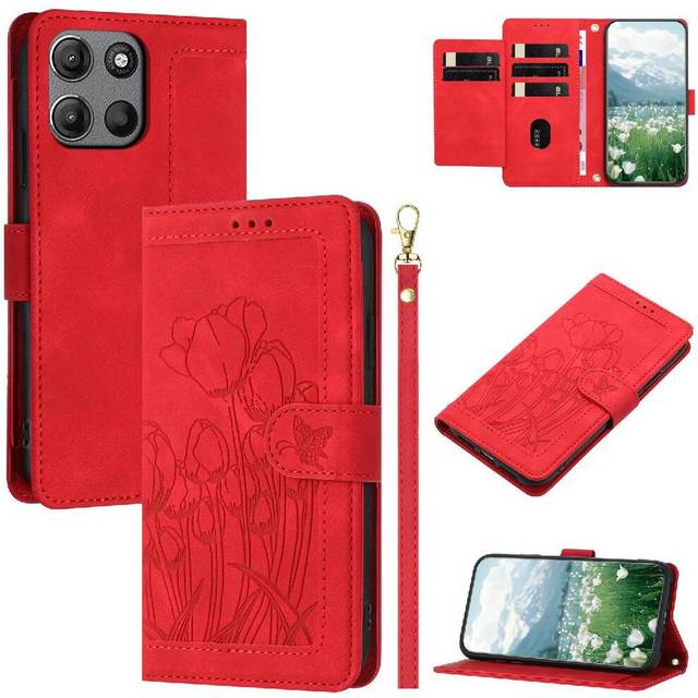 (Red) Fashion Wallet Case for Motorola Moto G 5g 2025 Magnetic Closure Kickstand Crossbody and Wrist Strap Tulip Embossed Flip Case Pu Leather
