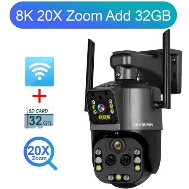 (8K 20xZoom Add 32G) Eu 8k Wifi Security Camera 20x Zoom Outdoor 4k Four Lens Dual Screen Ptz Cam Auto Tracking Full Color Night Vision Cctv Wifi Surv