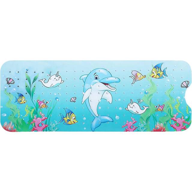 (Dolphin, One size) Bathtub Mat Cartoon Printed Anti-Slip with Drainage Holes Strong Suction Cups Safe Fun Bathing Exper