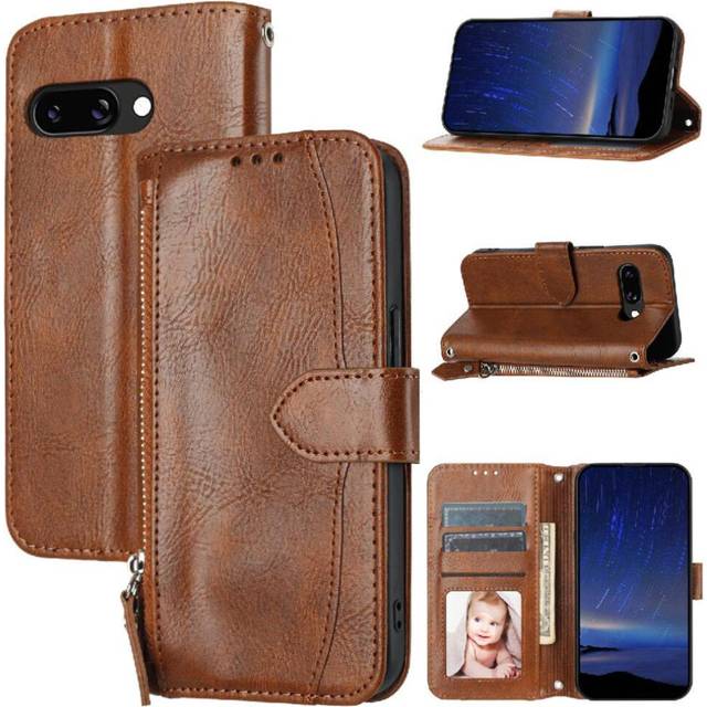 (Brown) Flip Case for Google Pixel 9a Anti Scratch Magnetic Closure Card Holder Kickstand Pu Leather