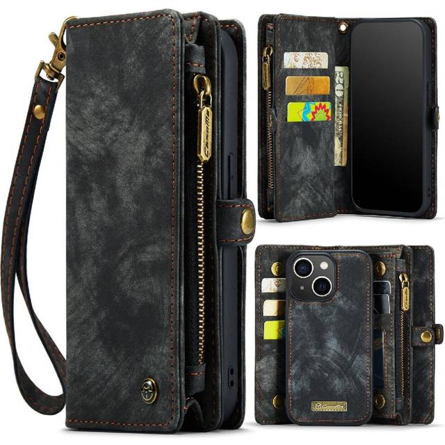 (Black) Case for iPhone 14 Plus TPU PC Handmade Leather Zipper Detachable Card Holder Strong Magnetic Wallet Cover Trifold with