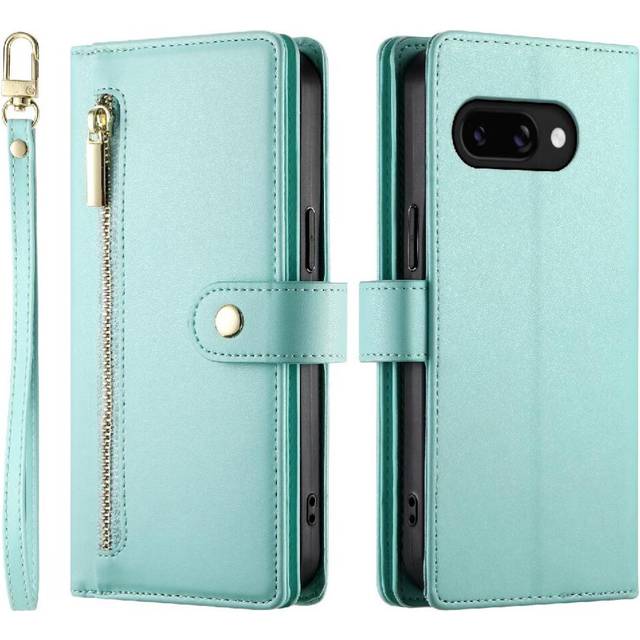 (Green) Flip Case for Google Pixel 9a Multifunctional Card Slots Kickstand Wrist Strap Wallet Compartment