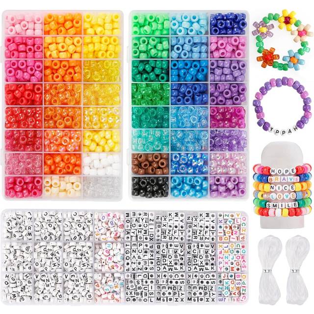 3960pcs Pony Beads for Friendship Bracelet Making Kit 48 Colors Kandi Beads Set, 2400pcs Plastic Rainbow Bulk and 1560pcs Letter Beads with 20 Meter E