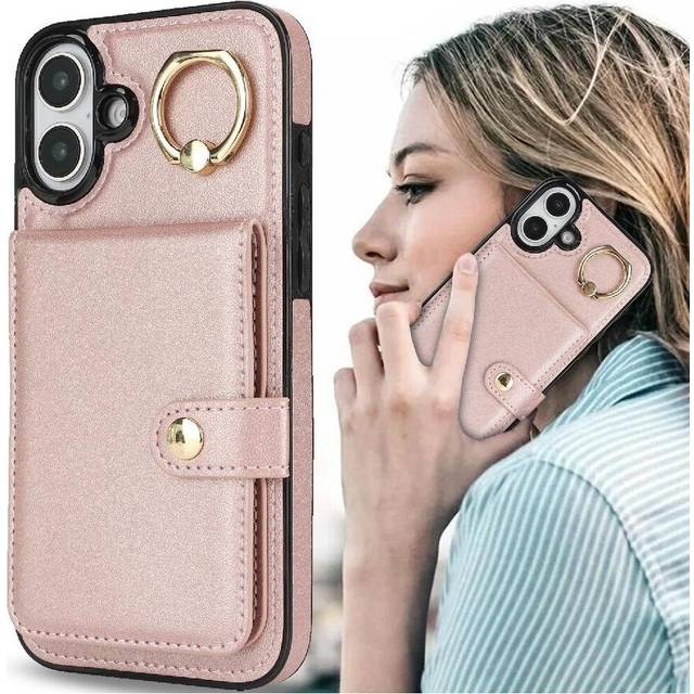 (Pink) Case for iphone 16 Plus Rfid Wallet Shockproof Ring Card Slot