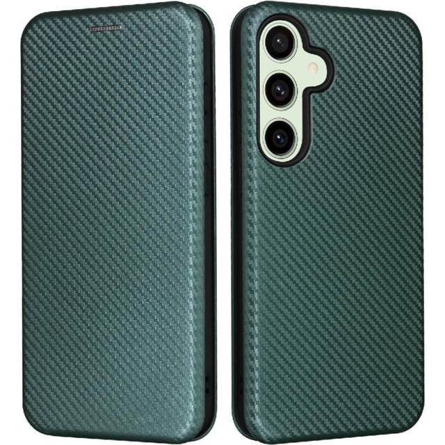(Green) Flip Case for Samsung Galaxy S24 Fe Card Insertion Full Protection Magnetic Carbon Fiber with Card Holder Kickstand Leather Folio Flip Case