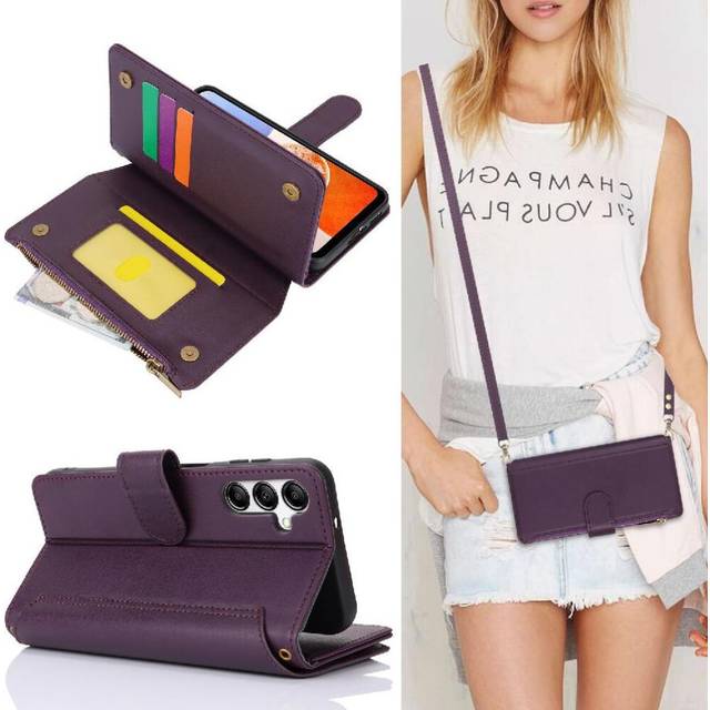 (Purple) Flip Case for Samsung Galaxy A15 Short and Long Strap Shockproof Wallet Rfid Blocking