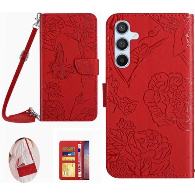 (Red) Wallet Case for Samsung Galaxy A26 5g Card Holder All Round Protection Kickstand Embossed Magnetic Closure