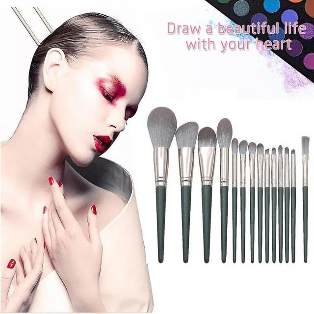 14 Green Cloud Wooden Handle Makeup Brush Set Light Rose Gold Mouth Tube Loose Powder Brush Eye Brush Fiber Hair