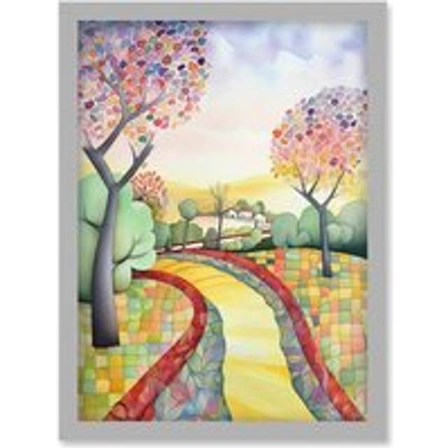 Countryside Path In Autumn Folk Art Landscape Pastel Watercolour Painting Artwork Framed Wall Art Print A4 - Grey - One Size