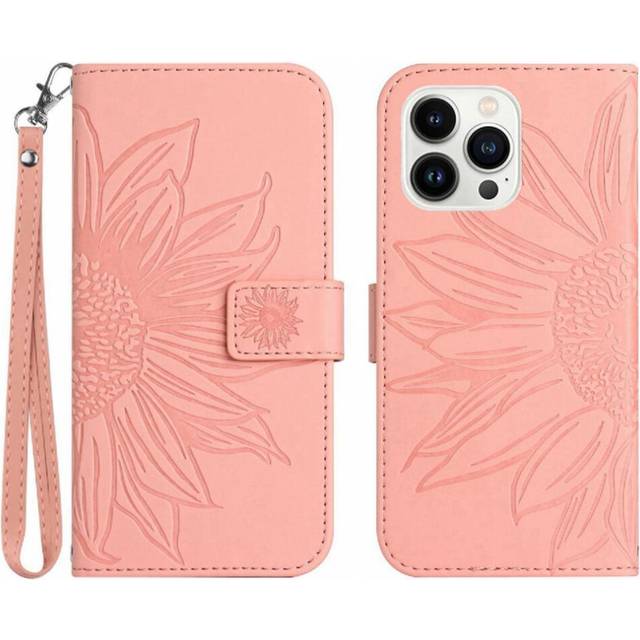 (Pink) Case for iphone 16 Pro Max Short Strap Embossed Sunflower with Card Slots Holder Flip Wallet Phone Case Luxury Pu Leather