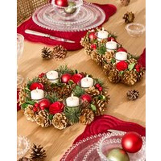 Set of 2 Berries & Baubles Triple and Round Table Centrepiece Christmas Decoration Candle Holders Tealight Holders - Red - 2 Pack