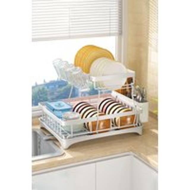 2-Tier Dish Drainer Rack with Kitchen Utensil and Glass Holder - White - One Size