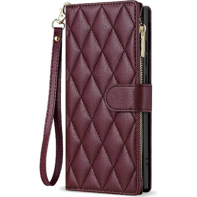 (Red) Fashion Wallet Case Compatible with Samsung Galaxy Z Fold5 Zipper Pocket Kickstand Protective Cover Card Holder Wrist Strap
